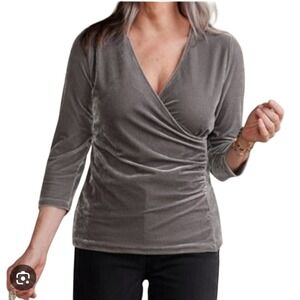 Soft Surroundings Velvet Wrap Top Gray Ruched 3/4 Sleeve Size‎ M Gathered
